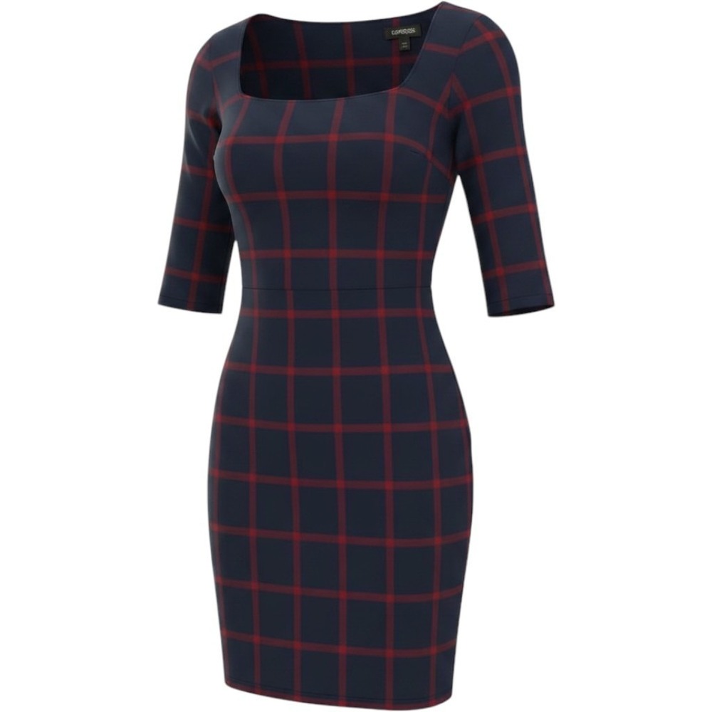 Express Navy Blue Red Plaid Square Neck Sheath Dress Elbow Sleeve Small